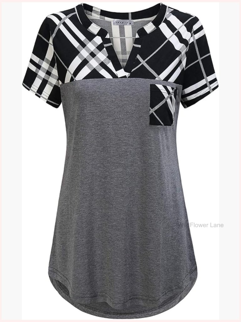 Vneck Hi Low Patchwork Tunic Top With Pocket - Short Sleeve